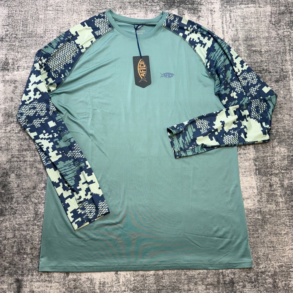 AFTCO Shirt Mens XL Teal Camo Tactical Performance Fishing Travel UPF Key West